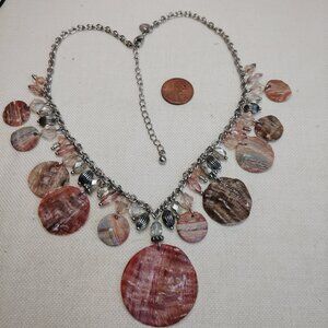 Lia Sophia Abalone Shell Disc Necklace Silver Tone Chain Crystal Accents 16–19"